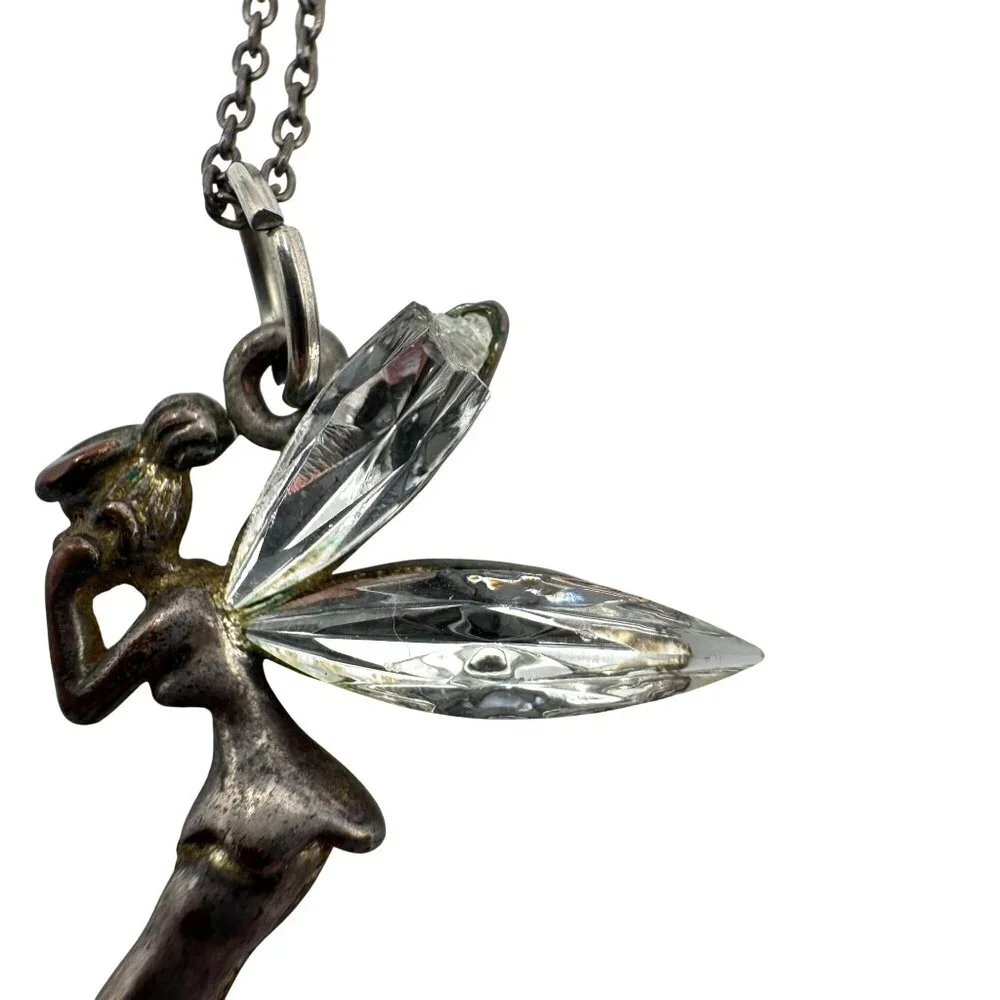 Vtg  Tinkerbell Fairy Pendant Necklace With Crystal Wings 925 Sterling Silver - Picture 5 of 7